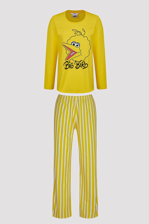 Kuş Baskılı Sarı Pijama Takımı - 5