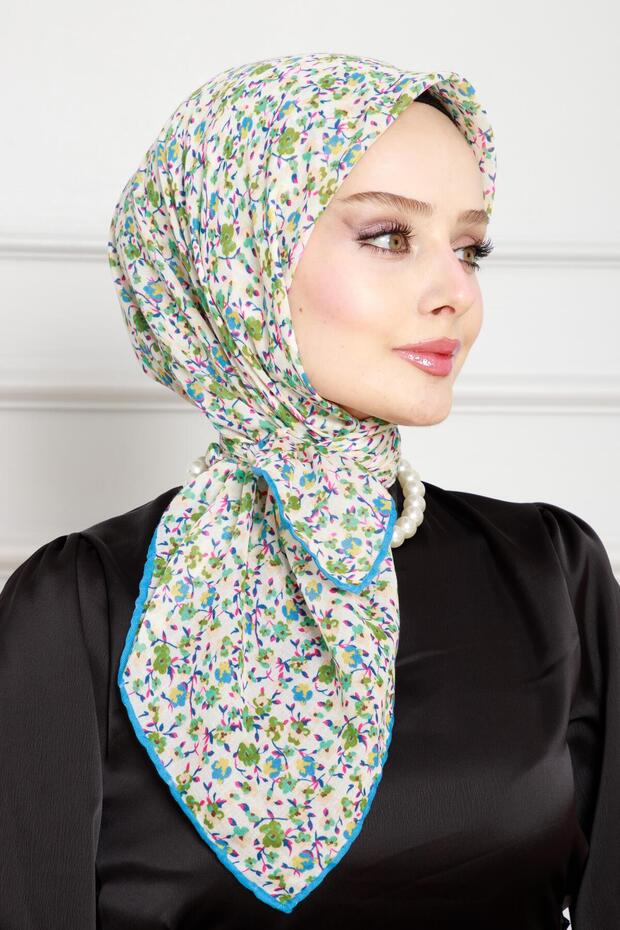 وشاح من القطن الأخضر بنمط الأزهار