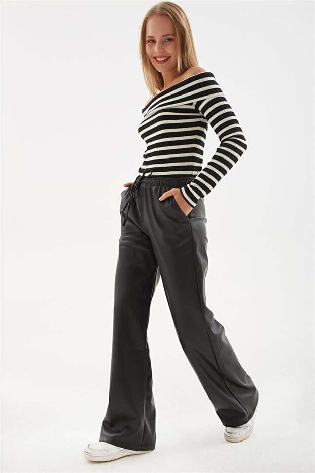 Faux Leather Wide Leg Trousers Black