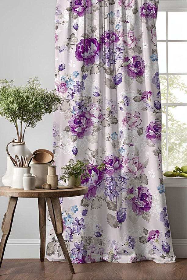 Mor Güller Çiçekler Desenli Djital Baskılı Yemek Odası Mutfak Fon Perde 140x260cm - 1