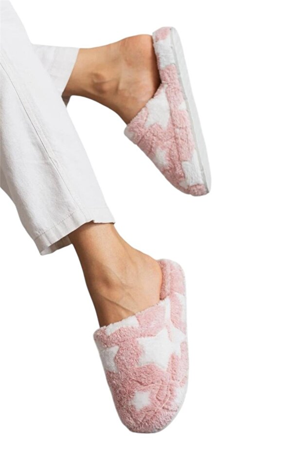 Closed Front Star Printed Plush Women's House Slippers Pudra