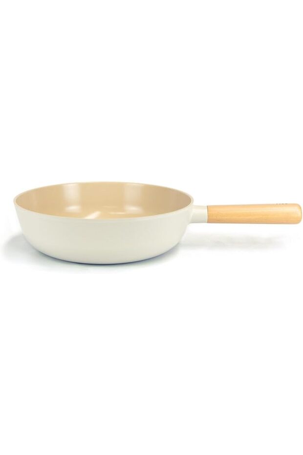 ,Fika,Wok Pan 26 cm,Wood Handle,Non Stick,Suitable for stove and Induction,Off White