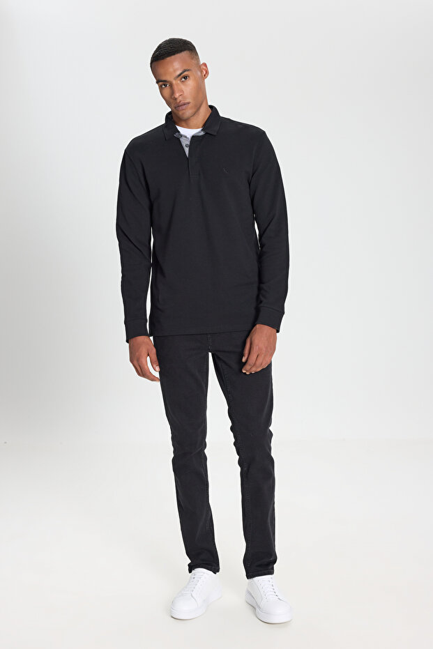 %100 Pamuk Slim Fit Dar Kesim Polo Yaka Uzun Kollu Siyah Uzun Kollu Tişört - 2
