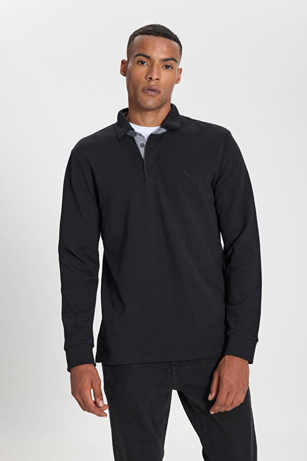 %100 Pamuk Slim Fit Dar Kesim Polo Yaka Uzun Kollu Siyah Uzun Kollu Tişört - 1