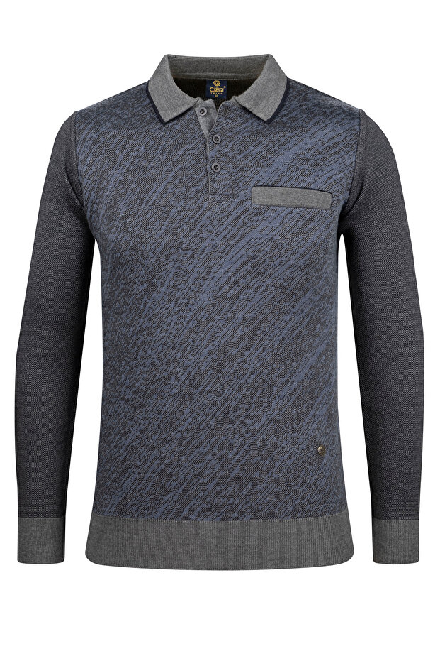 Men's Oversized Polo Neck Knitwear Gray Sweater Patterned Steel Knit Classic Fit - 5012Fb