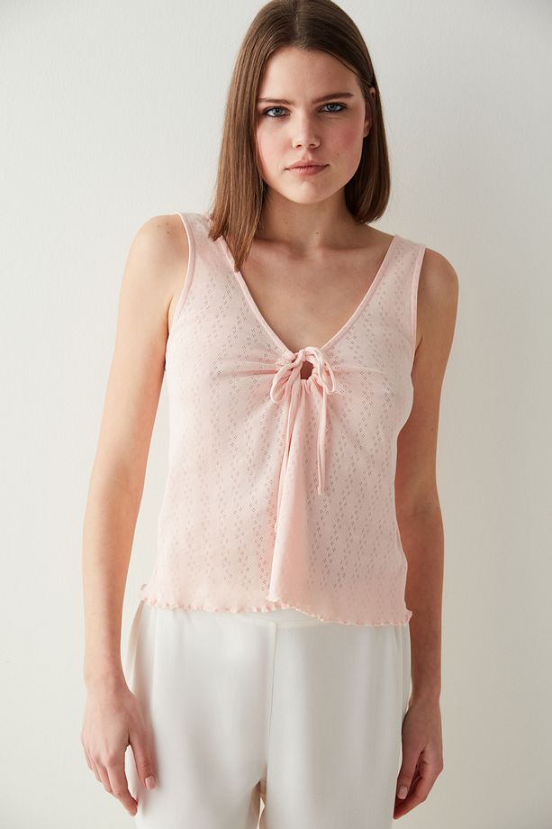 Pembe Bağlama Detaylı Atlet Pijama Üstü - 3