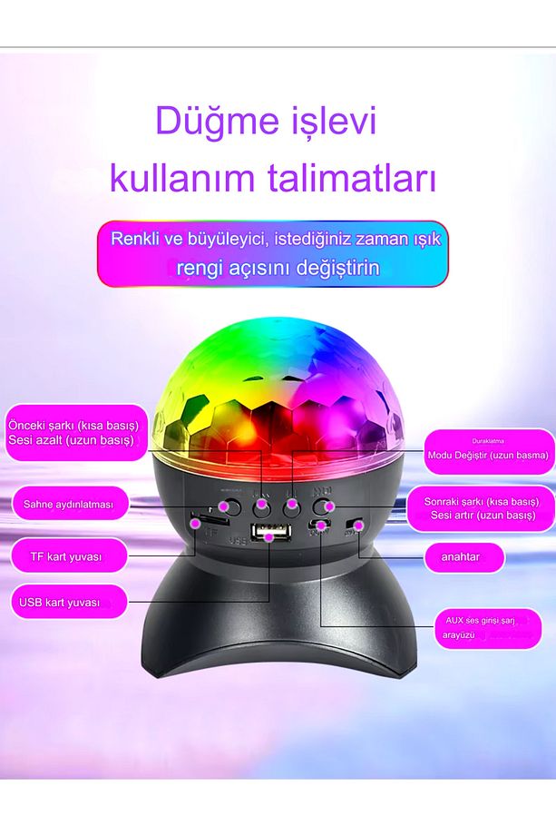 360 Derece Dönebilen Disko Topu Bluetooth Hoparlör Parti Led Lambası  USB-SD KART - AUX Girişli L740 - 5