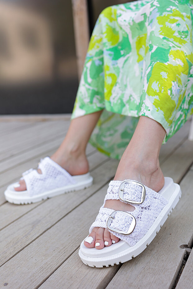 Mia White - Women's Double Buckle Straw Slippers