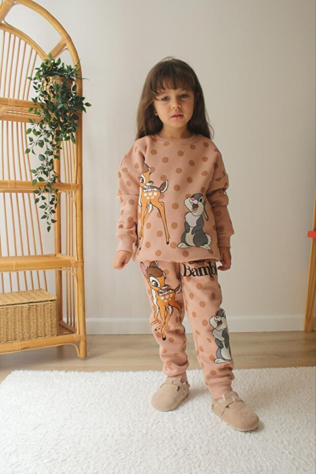 Brown Deer Printed 3 Thread Raised Girl's Top and Bottom Set