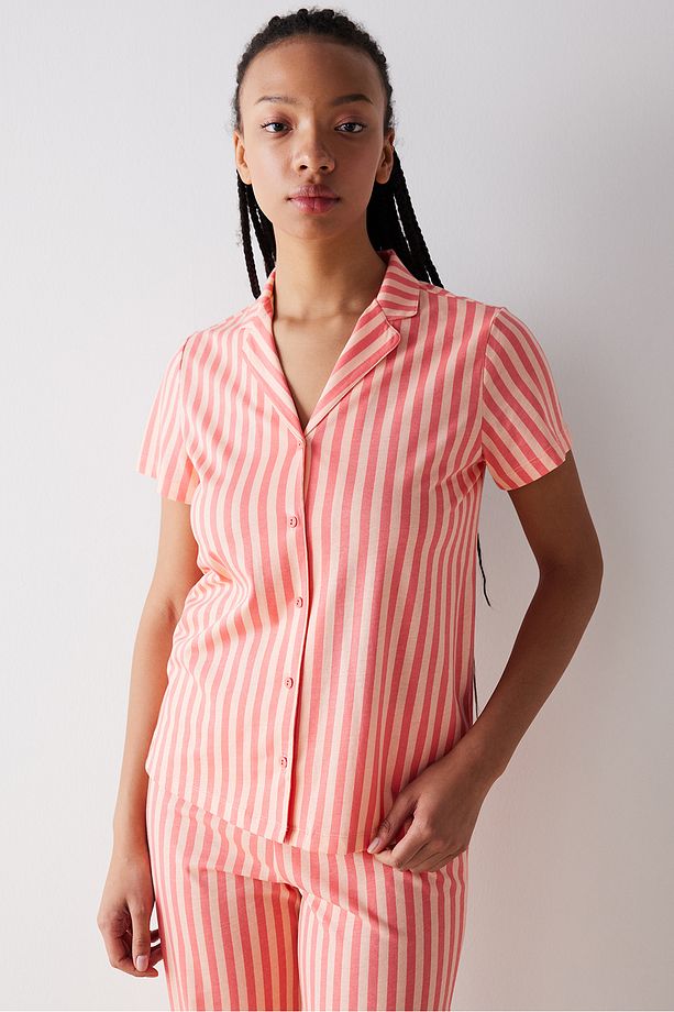 Base Rosy Stripes Gül Rengi Gömlek Pantolon Pijama Takımı - 1