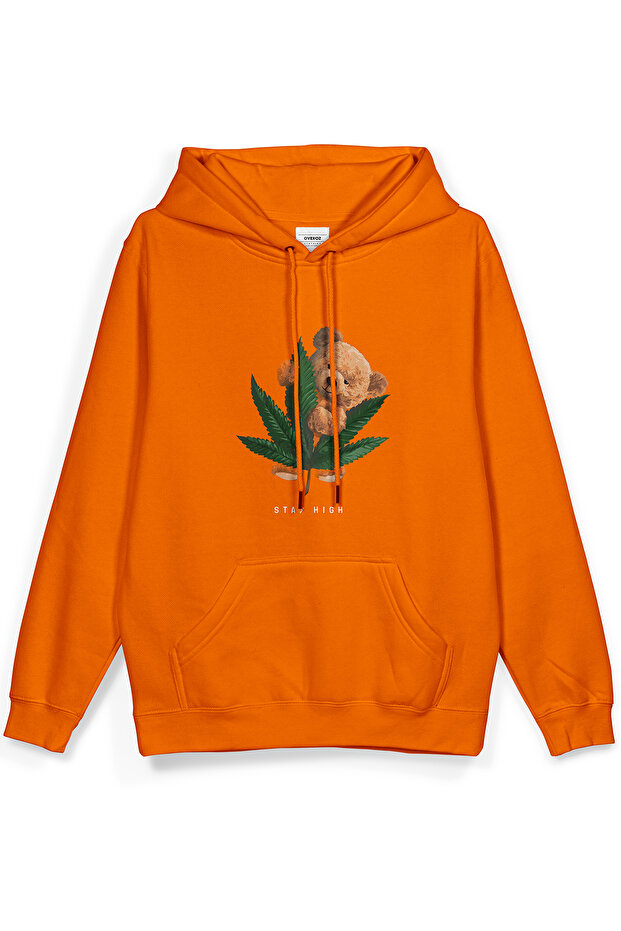 Teddy Bear Stay High Printed Hooded Yarı Oversized Sweatshirt Orange Hoodie 1069