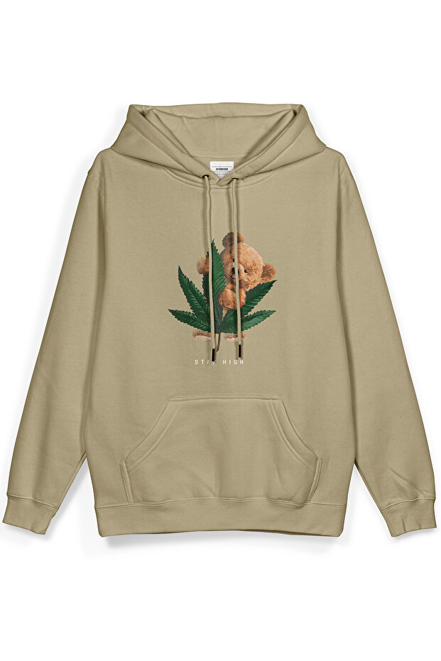 Teddy Bear Stay High Printed Hooded Yarı Oversized Sweatshirt Beige Hoodie 1069