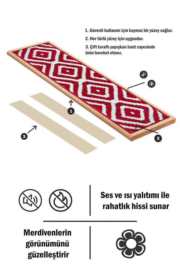 Dikdörtgen Baklava Desen Dokuma Merdiven Halısı Kendinden Yapışkanlı / Adet Olarak Satılır - 3