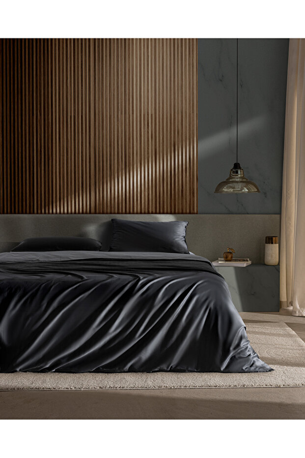 Vachel Double 100% Cotton Printed Satin Bed Sheet Pieces Duvet Cover Set - Anthracite