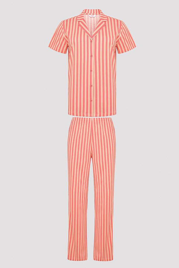 Base Rosy Stripes Gül Rengi Gömlek Pantolon Pijama Takımı - 5