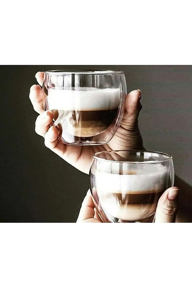 Çift Camlı Çift Cidarlı Cam Kupa 250 ml Ev Ofis Fincanı Çift Katlı Isı Yalıtımlı Kulplu Cam Bardak - 1