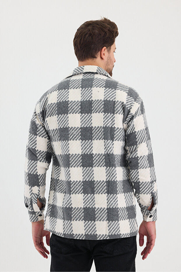 Erkek Slim Fit Tek Cep Kareli Hakiki Oduncu Gömleği Gri - 6