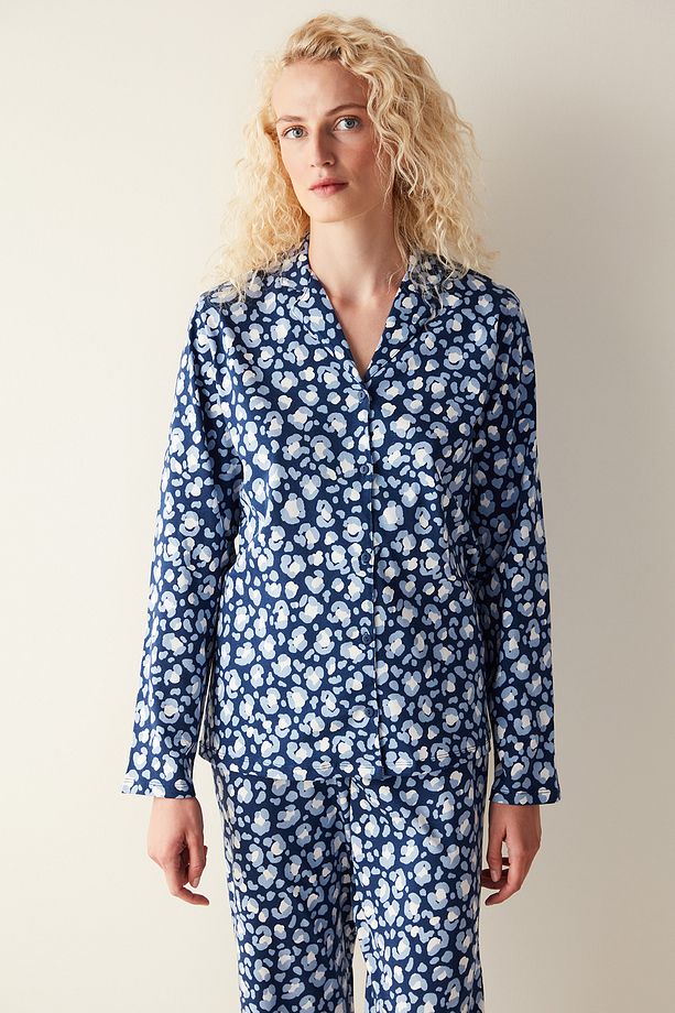 Leopar Baskılı Uzun Kollu Lacivert Gömlek Pijama Set - 3