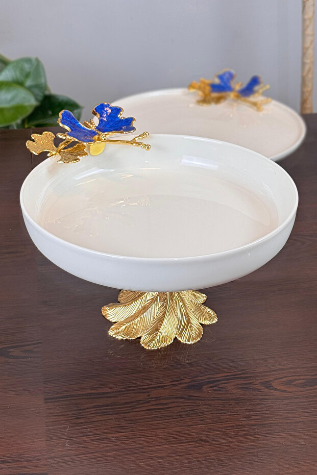 Blue Butterfly Porcelain Salad Presentation Bowl with Candle Legs