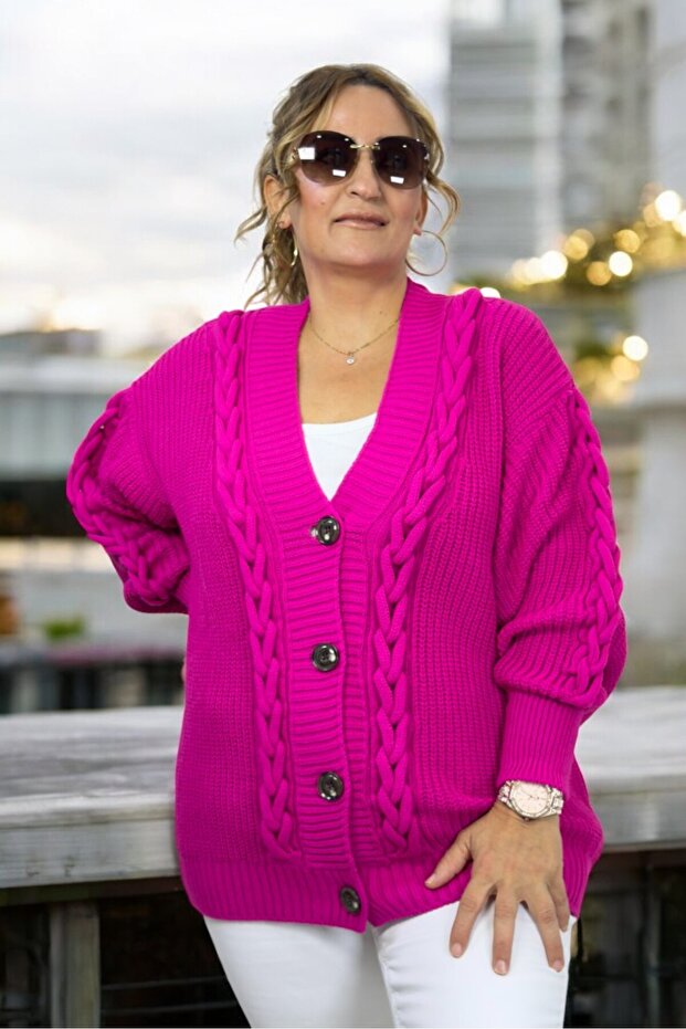 Hair Knit Patterned Thessaloniki Knit Front Buttoned V-Neck Large Size Knitwear Cardigan