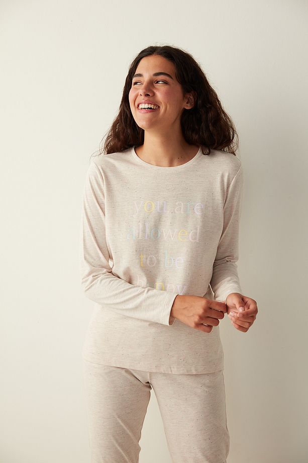 Bej Be Happy Sloganlı Tişört Pijama Üstü - 2