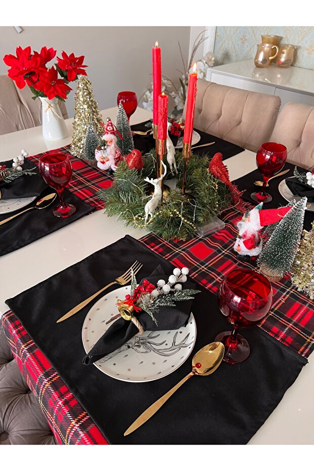 New Year Red Plaid Black Runner 1 Piece Christmas Table Runner Tableware Winter New Year Checkered