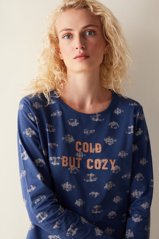 Cozy Uzun Kollu Lacivert Pijama Set - 3