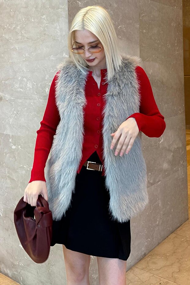 Boyalı Gri Yumuşak Doku Astarlı Kadın Yelek MG2238 - 2