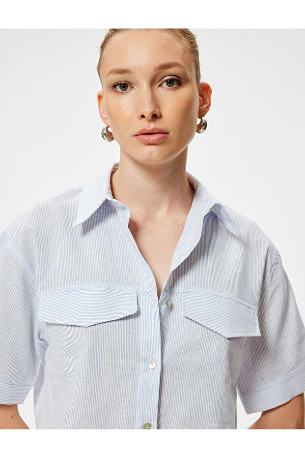 Short Sleeve Linen Crop Shirt with Flap Pocket Detail
