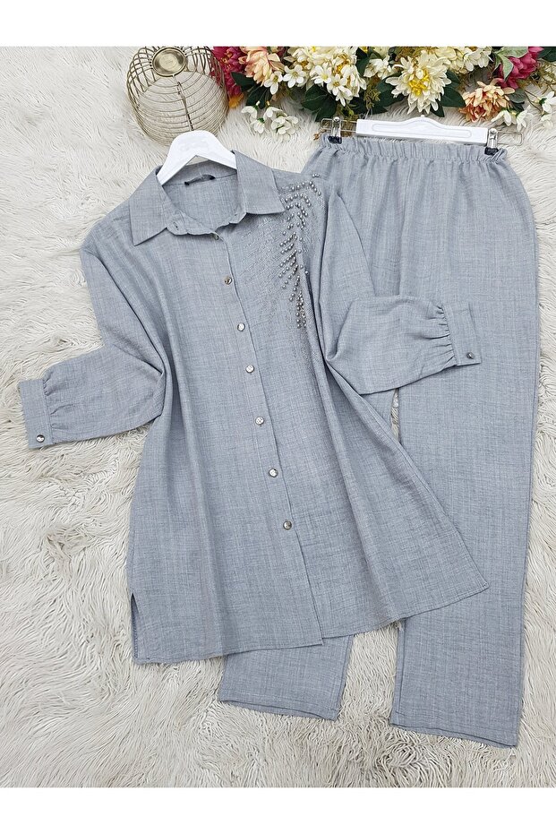 Beaded Buttoned Double Linen Suit - Gray - 1