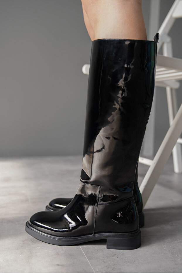 Women's Non-Zipper Flat Heel Comfortable Boots Simla Black Patent Leather