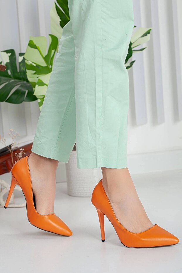 Women's Stiletto Thin High Heels Shoes Orange Skin