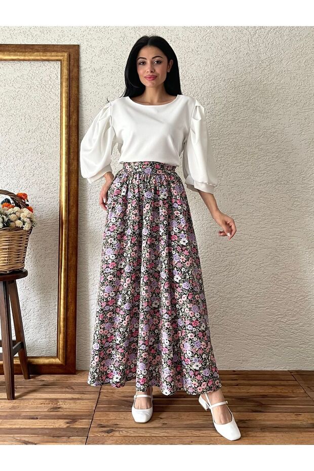 Black-Lilac Floral Flared Poplin Skirt