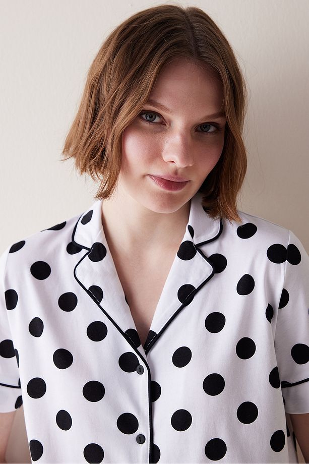 Black Dotted Beyaz Gömlek Şort Pijama Takımı - 4