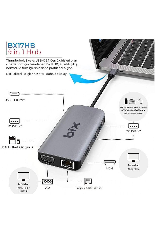 Bx17hb Type-c To Gigabit Ethernet Hdmı Pd Usb 3.2 Micro Sd/sd Vga Çoklayıcı Adaptör - 6