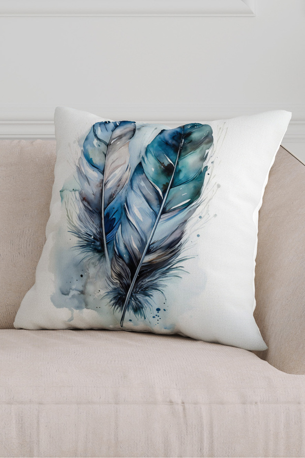 Blue Luck Feather Patterned Digital Printed Decorative Throw Pillow Pillowcase