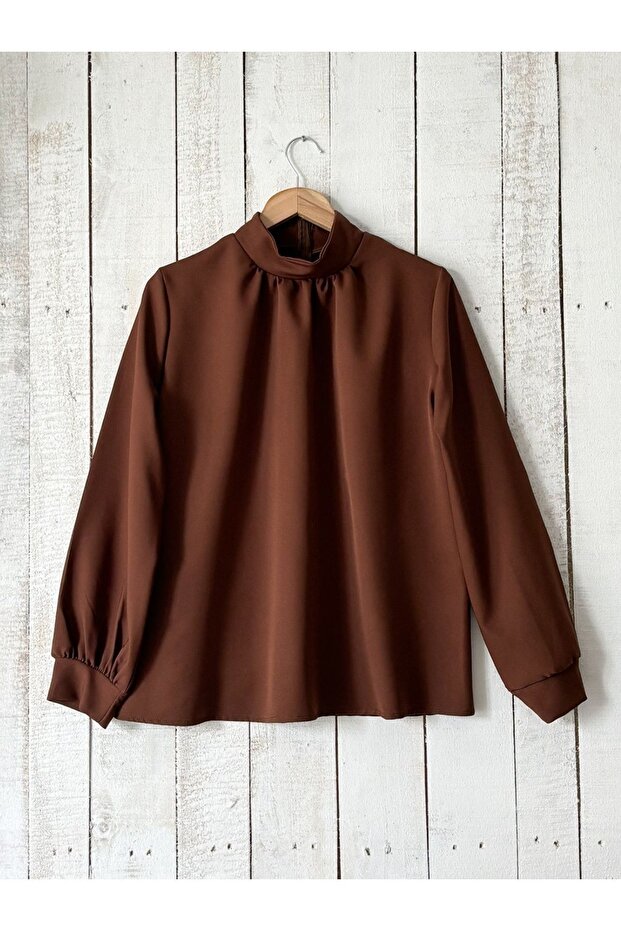 Brown Gathered Long Sleeve Crepe Blouse