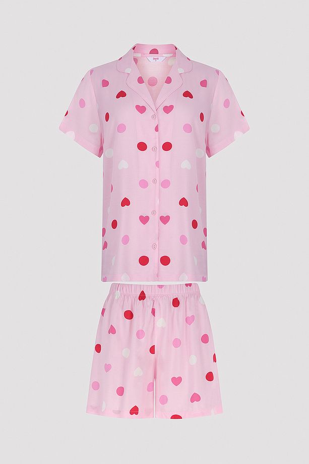 Base Cute Hearts Pembe Gömlek Şort Pijama Takımı - 6
