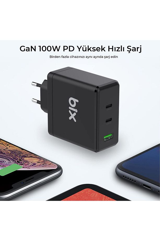 100w Usb Type-c Qc 4.0 Pd 3.0 Gan 3 Portlu Hızlı Şarj Cihazı - 6
