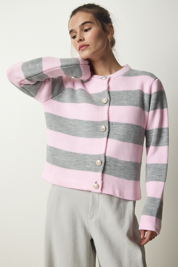 Stylish Buttoned Striped Knitwear Cardigan Pink Gray Lnf0021