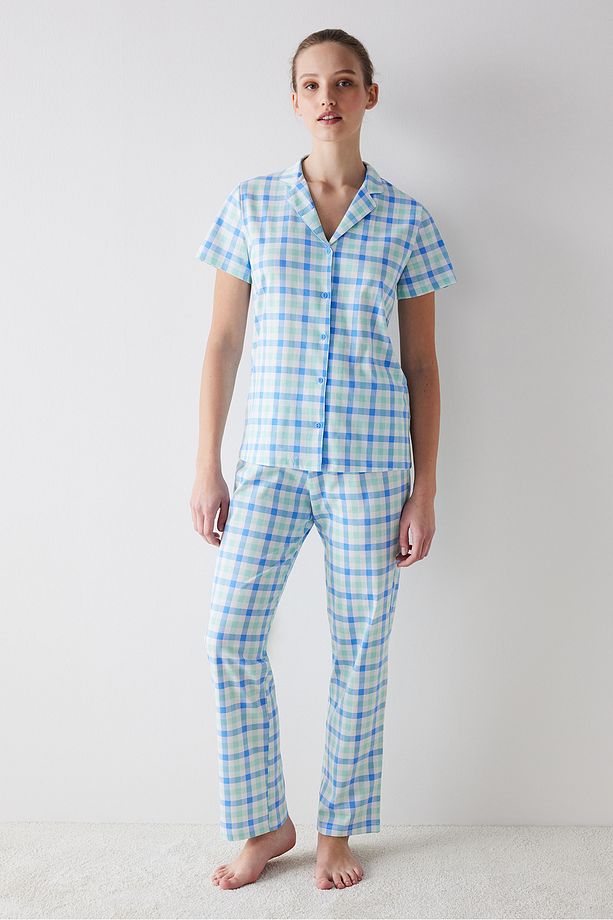 Colored Gingham Düğmeli Çok Renkli Gömlek Pantolon Pijama Takımı - 1
