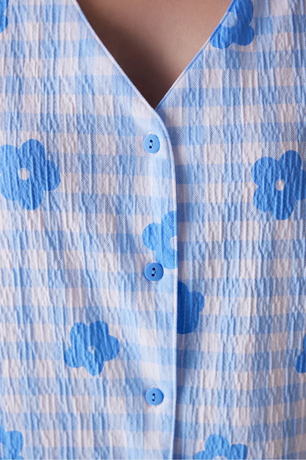 Base Gingham Düğmeli Gömlek Şort Pijama Takımı - 3