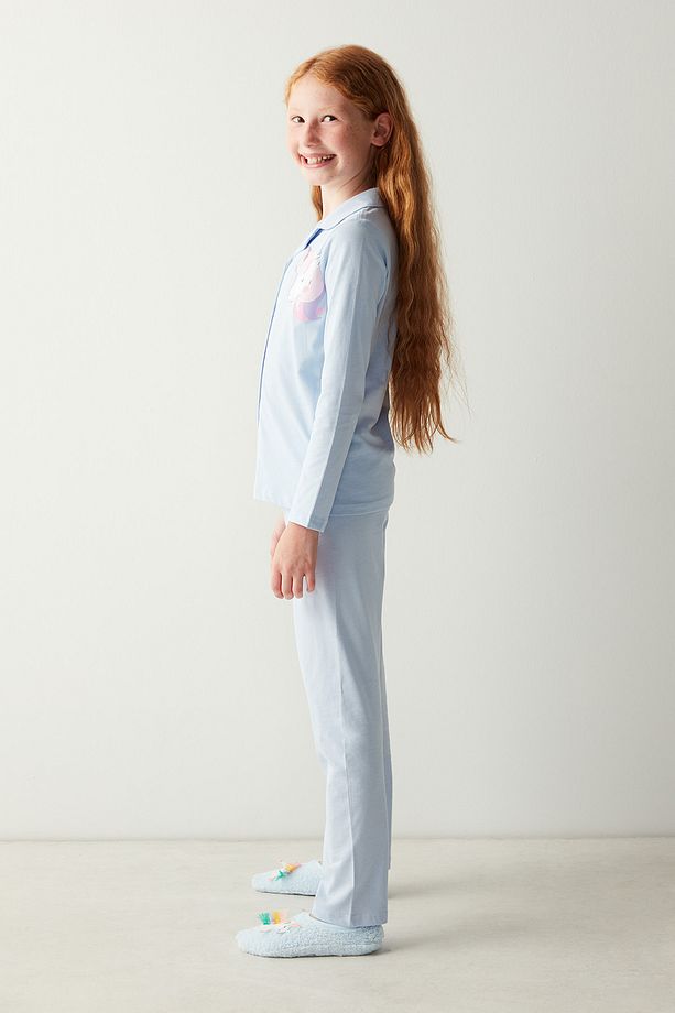 Kız Çocuk Unicorn Gömlek Mavi Pijama Takımı - 3