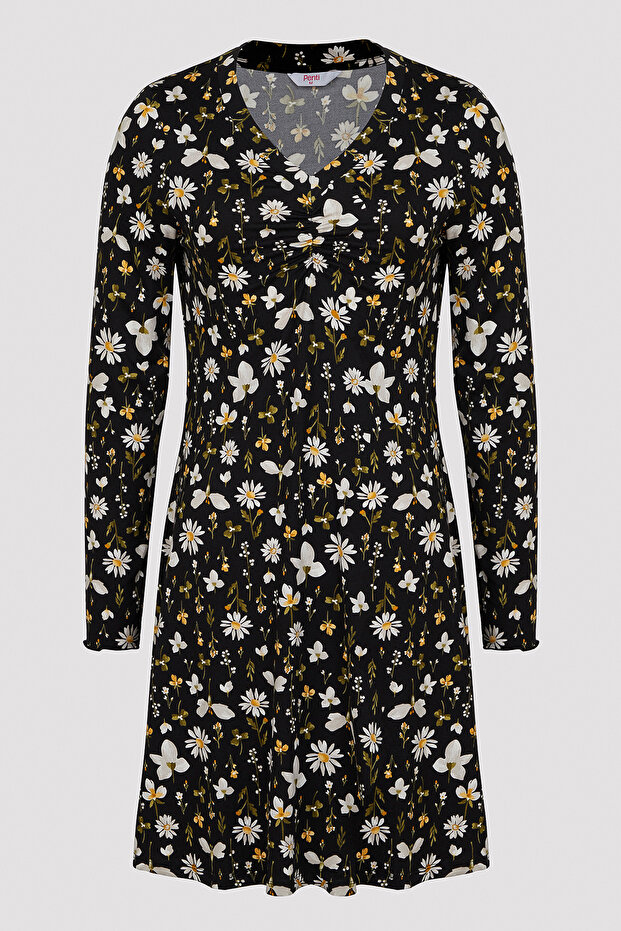 Blossom Printed Siyah Gecelik - 1