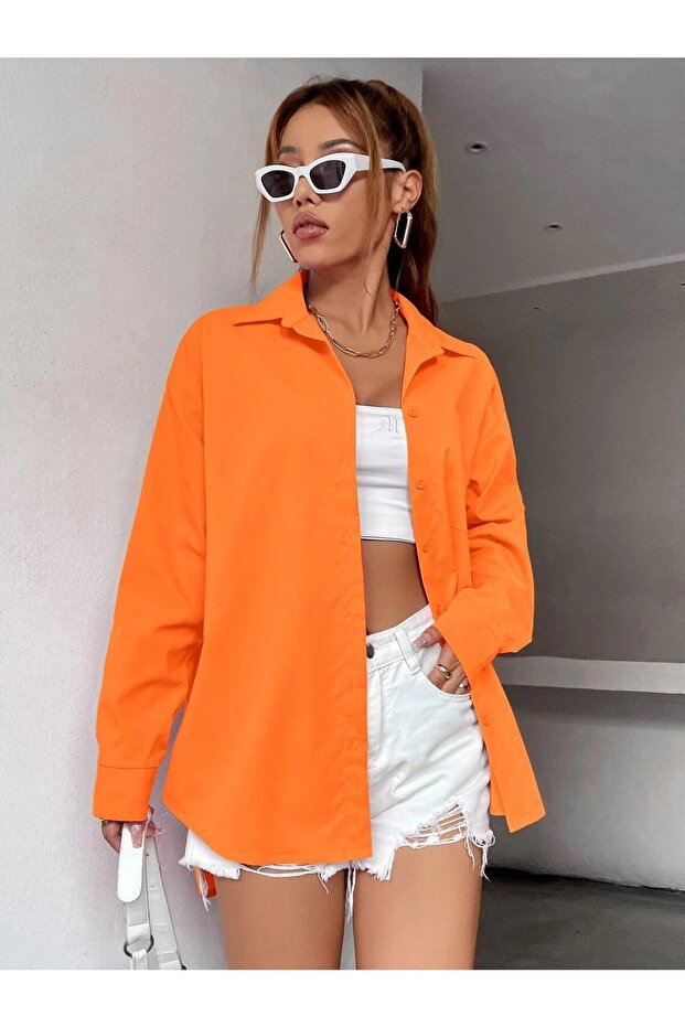 Women's Orange Oversize Long Basic Shirt - 1