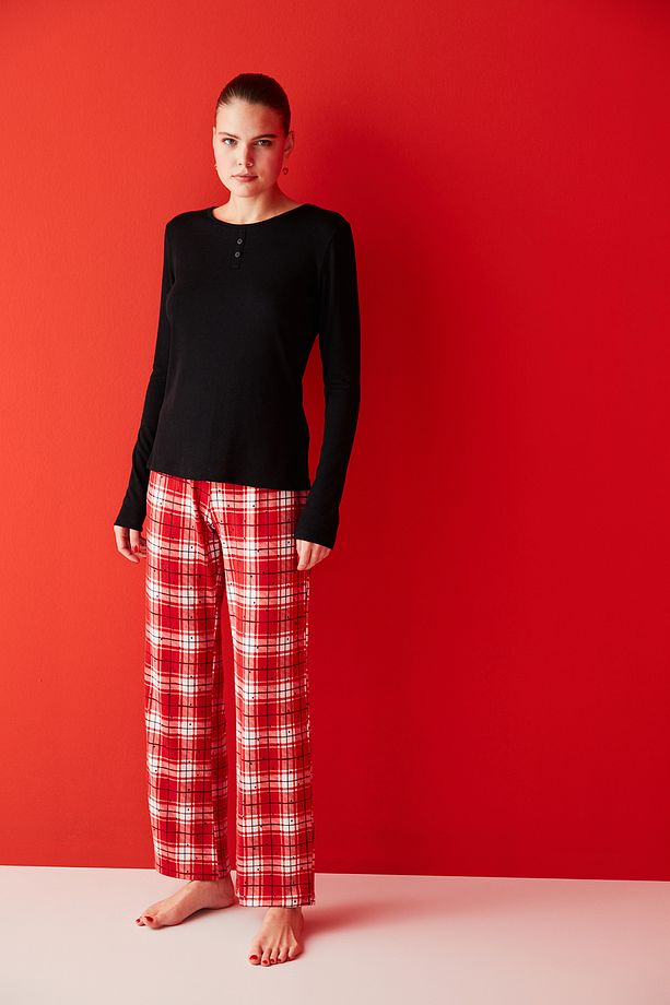 Çok Renkli Dark Checked Termal Pointel Pijama Takımı - 4