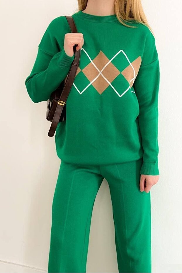 Green Plaid Patterned Women's Knitwear Sweater and Leggings Trousers - 0177