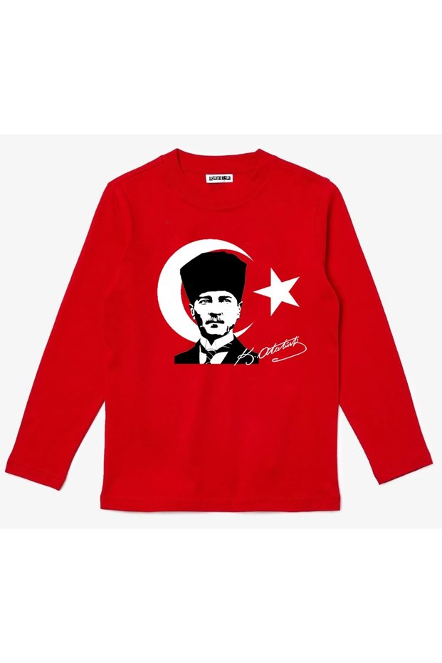 Long Sleeve Ataturk and Signature October 29Th Republic Day Printed Cotton Red Children's T-Shirt