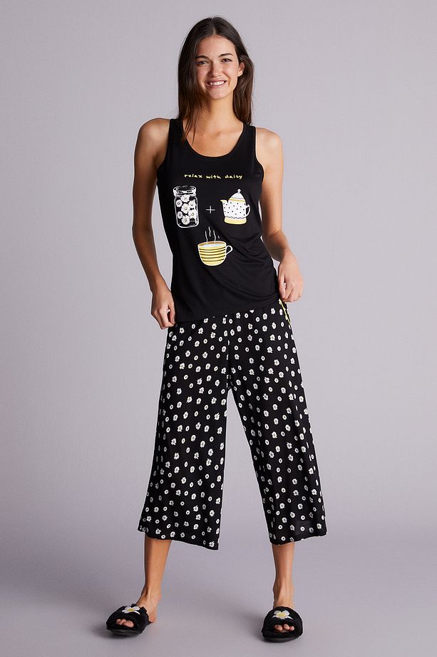 Siyah Daisy Baskılı Atlet Pijama Üstü - 4
