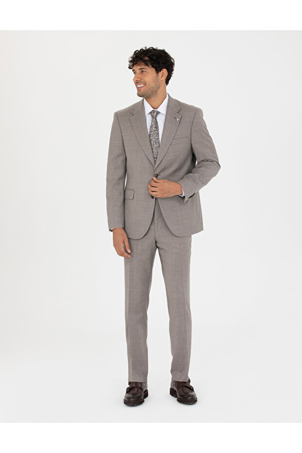 100% Wool Light Brown Slim Fit Suit 50272759-Vr002